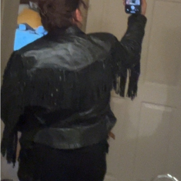 GIII Black Leather Fringe Moto Jacket Size‎ Large - Picture 14 of 16